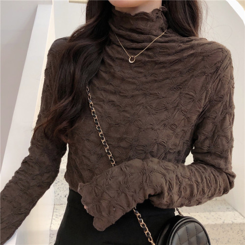 大碼胖妹妹洋氣立領褶皺長袖女秋冬新款顯瘦內搭打底上衣蕾絲小衫