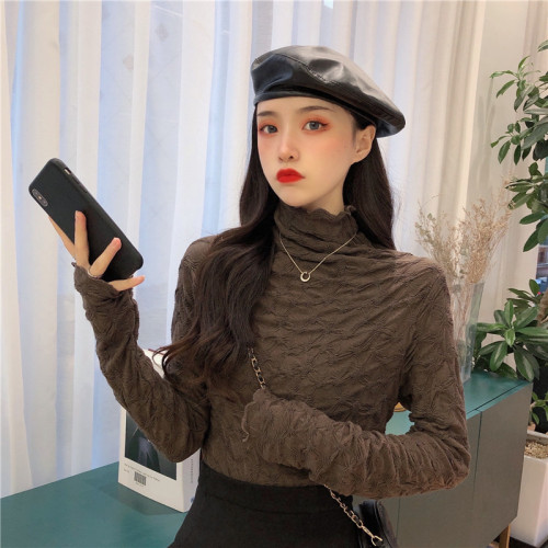 大碼胖妹妹洋氣立領褶皺長袖女秋冬新款顯瘦內搭打底上衣蕾絲小衫