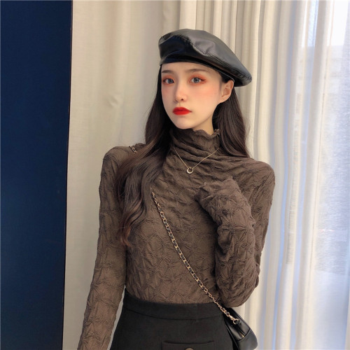 大碼胖妹妹洋氣立領褶皺長袖女秋冬新款顯瘦內搭打底上衣蕾絲小衫