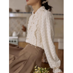 法式宮廷風加絨加厚蕾絲襯衫女秋冬季歐貨內搭木耳邊別致長袖上衣