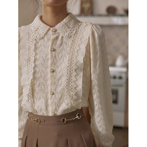 法式宮廷風加絨加厚蕾絲襯衫女秋冬季歐貨內搭木耳邊別致長袖上衣