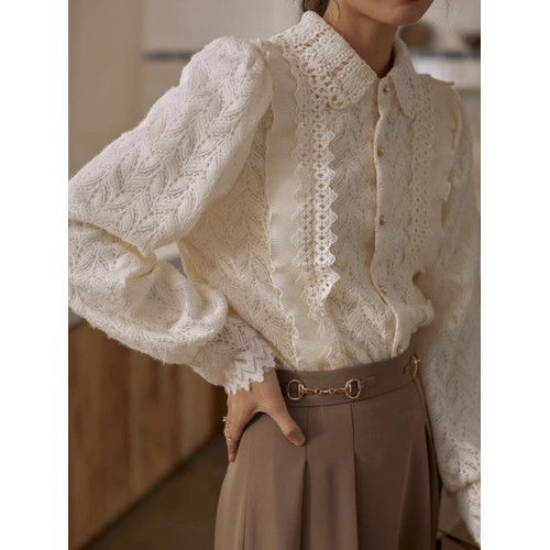 法式宮廷風加絨加厚蕾絲襯衫女秋冬季歐貨內搭木耳邊別致長袖上衣