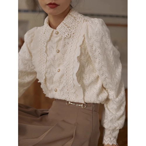 法式宮廷風加絨加厚蕾絲襯衫女秋冬季歐貨內搭木耳邊別致長袖上衣