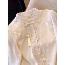 新中式流蘇盤釦立領雪紡襯衫女春裝新款提花刺綉小衫馬面裙上衣服