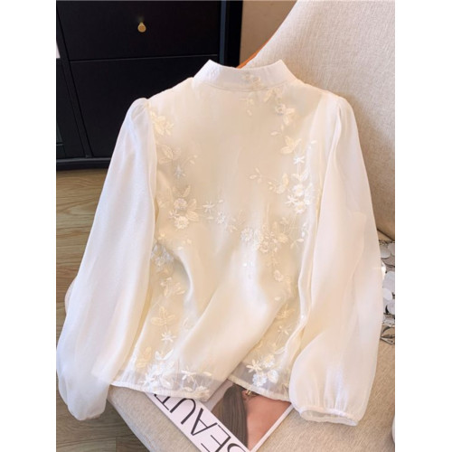 新中式流蘇盤釦立領雪紡襯衫女春裝新款提花刺綉小衫馬面裙上衣服