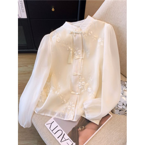 新中式流蘇盤釦立領雪紡襯衫女春裝新款提花刺綉小衫馬面裙上衣服