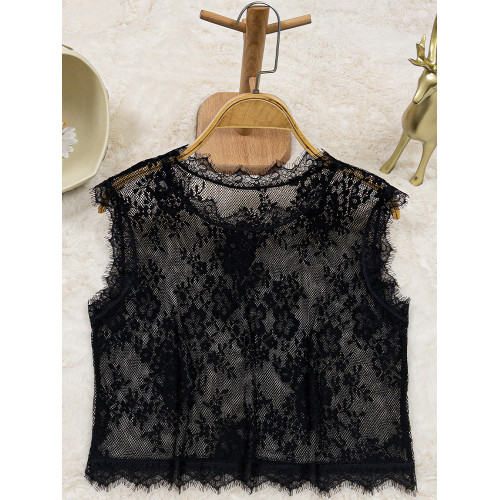 蕾絲背心女黑色吊帶網紗上衣打底衫花邊領子短款馬甲新款洋氣小衫