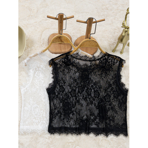 蕾絲背心女黑色吊帶網紗上衣打底衫花邊領子短款馬甲新款洋氣小衫