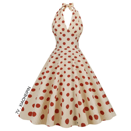 溫柔港風年代感復古V領掛脖波點連衣裙收腰大擺氣質顯瘦夏中長裙