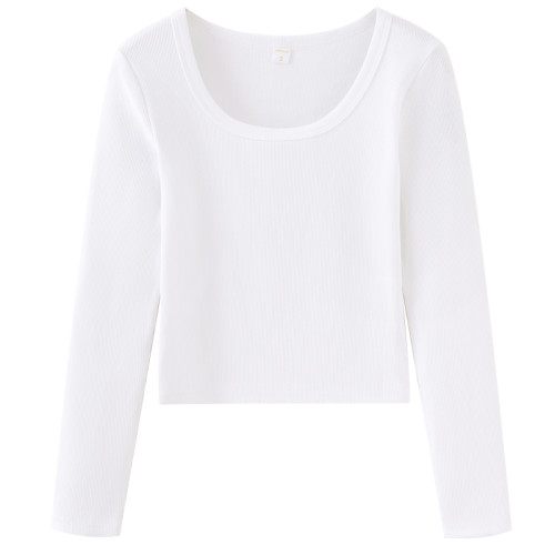 辣妹u領磨毛咖色打底衫女秋冬新款韓版修身性感薄絨長袖t恤女短款