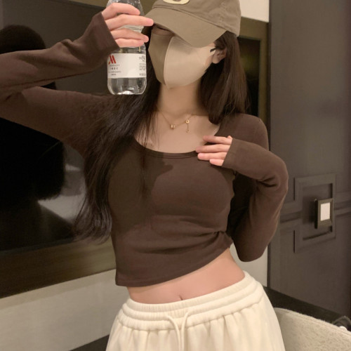 辣妹u領磨毛咖色打底衫女秋冬新款韓版修身性感薄絨長袖t恤女短款