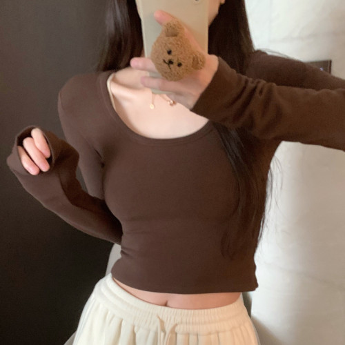 辣妹u領磨毛咖色打底衫女秋冬新款韓版修身性感薄絨長袖t恤女短款