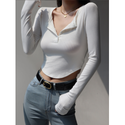 T恤女上衣美式性感修身顯瘦長袖打底衫女v領排釦露腰純色短款套指