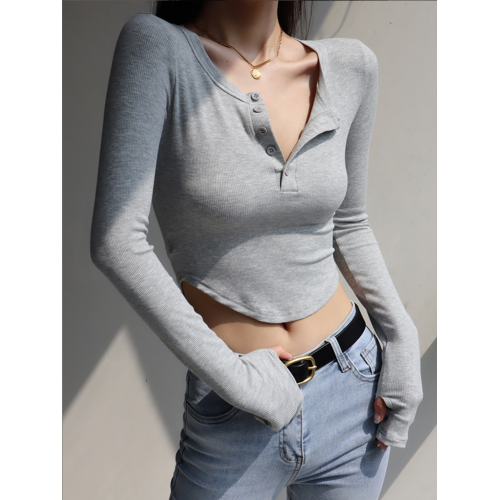 T恤女上衣美式性感修身顯瘦長袖打底衫女v領排釦露腰純色短款套指