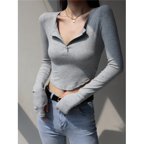 T恤女上衣美式性感修身顯瘦長袖打底衫女v領排釦露腰純色短款套指