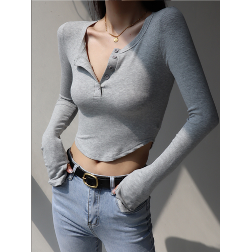 T恤女上衣美式性感修身顯瘦長袖打底衫女v領排釦露腰純色短款套指
