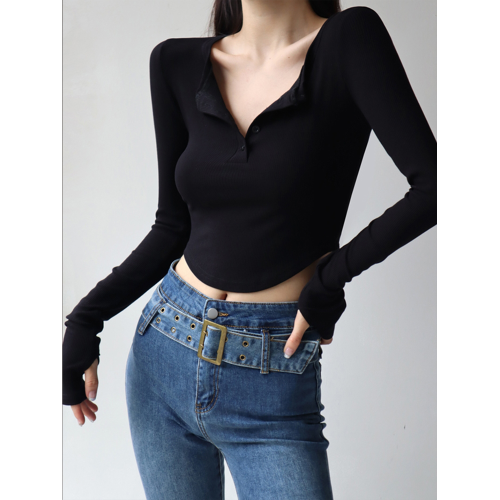 T恤女上衣美式性感修身顯瘦長袖打底衫女v領排釦露腰純色短款套指