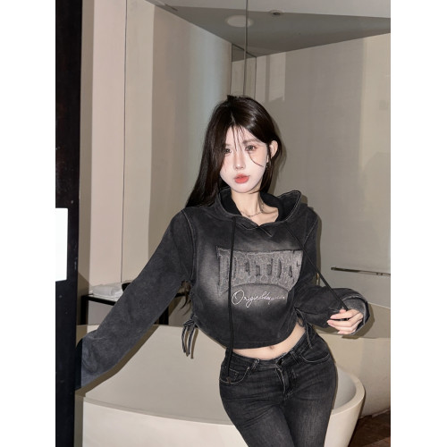 小個子辣妹y2k短款上衣女秋冬慵懶風美式復古漸變色連帽衛衣外套