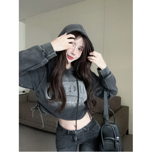 小個子辣妹y2k短款上衣女秋冬慵懶風美式復古漸變色連帽衛衣外套