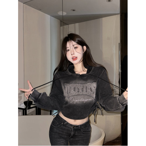 小個子辣妹y2k短款上衣女秋冬慵懶風美式復古漸變色連帽衛衣外套