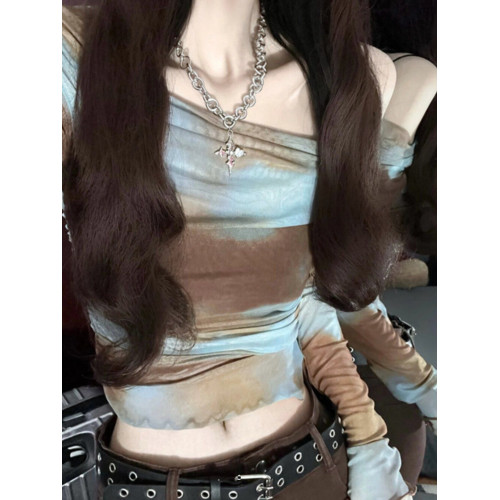 美式紥染網紗一字肩上衣雪紡衫女夏季性感修身甜辣妹露肩罩衫薄紗