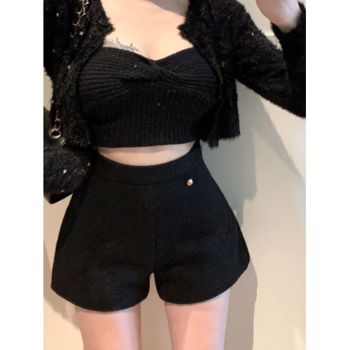 韓版軟糯毛絨直筒休閒褲女冬季高腰顯瘦a字短褲子小個子白色熱褲