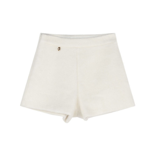 韓版軟糯毛絨直筒休閒褲女冬季高腰顯瘦a字短褲子小個子白色熱褲