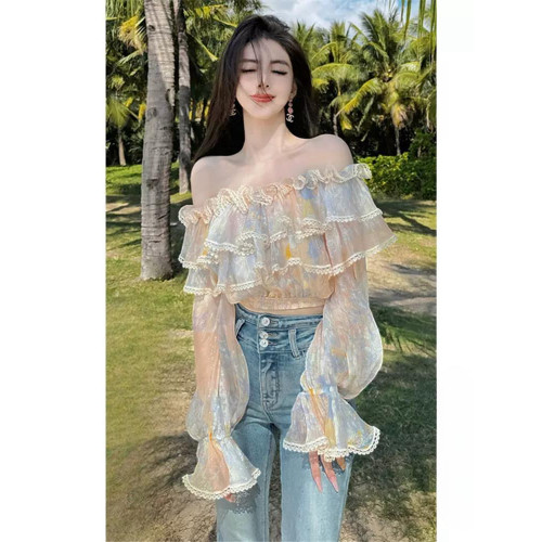 法式荷葉邊一字肩雪紡襯衫女秋季2025新款碎花襯衣高級感短款上衣