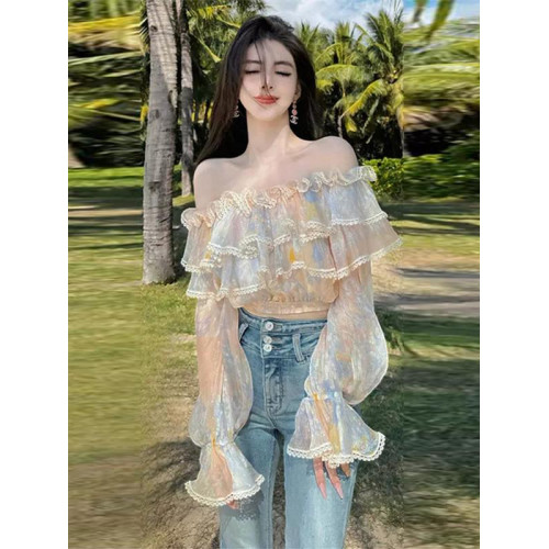 法式荷葉邊一字肩雪紡襯衫女秋季2025新款碎花襯衣高級感短款上衣