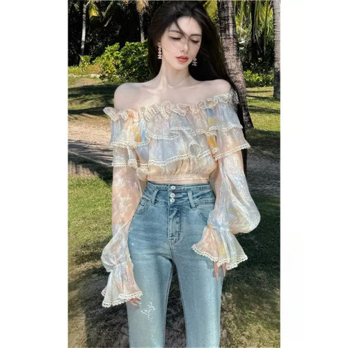 法式荷葉邊一字肩雪紡襯衫女秋季2025新款碎花襯衣高級感短款上衣