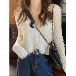 蕾絲打底衫女裝法式襯衣早秋季2025新款長袖雪紡襯衫短款小衫上衣