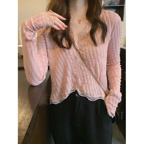 蕾絲打底衫女裝法式襯衣早秋季2025新款長袖雪紡襯衫短款小衫上衣