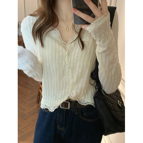 蕾絲打底衫女裝法式襯衣早秋季2025新款長袖雪紡襯衫短款小衫上衣