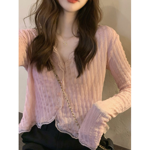 蕾絲打底衫女裝法式襯衣早秋季2025新款長袖雪紡襯衫短款小衫上衣