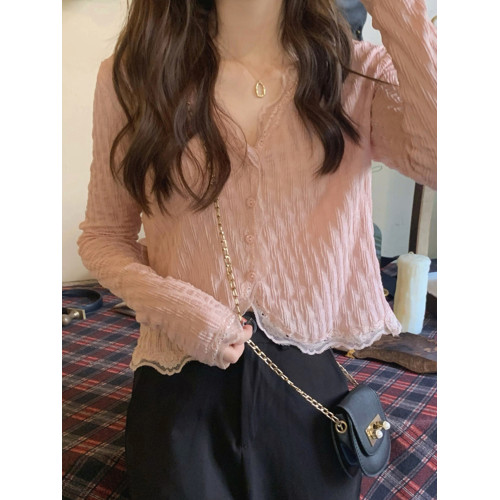 蕾絲打底衫女裝法式襯衣早秋季2025新款長袖雪紡襯衫短款小衫上衣