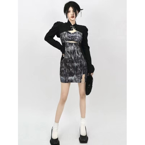 新中式國風旗袍黑色防曬罩衫女夏季配吊帶裙子外搭小坎肩上衣開衫