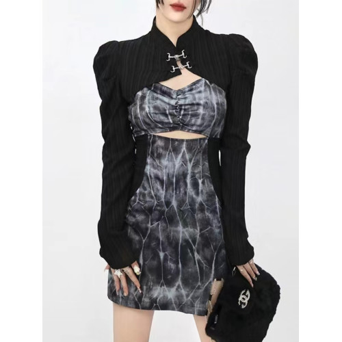 新中式國風旗袍黑色防曬罩衫女夏季配吊帶裙子外搭小坎肩上衣開衫