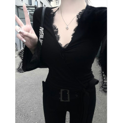 黑色性感V領蕾絲打底衫女秋冬2025新款緊身顯瘦修身內搭長袖上衣