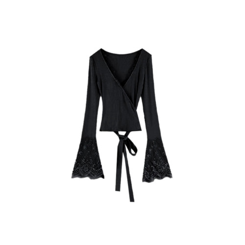 黑色性感V領蕾絲打底衫女秋冬2025新款緊身顯瘦修身內搭長袖上衣