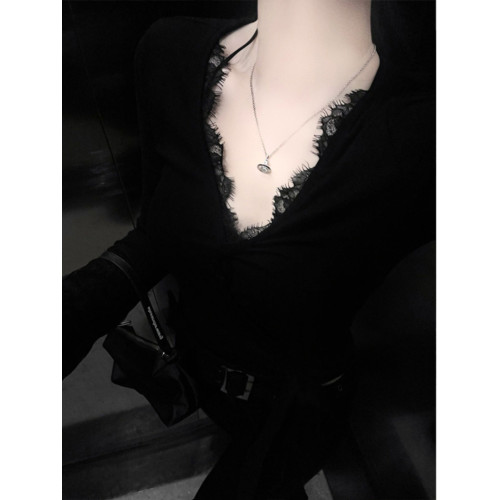 黑色性感V領蕾絲打底衫女秋冬2025新款緊身顯瘦修身內搭長袖上衣