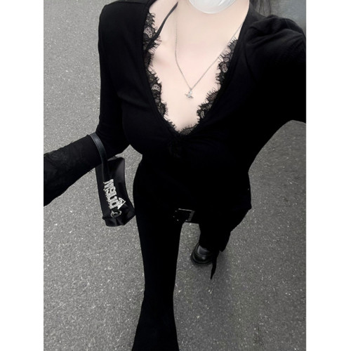 黑色性感V領蕾絲打底衫女秋冬2025新款緊身顯瘦修身內搭長袖上衣