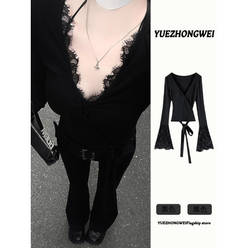 黑色性感V領蕾絲打底衫女秋冬2025新款緊身顯瘦修身內搭長袖上衣