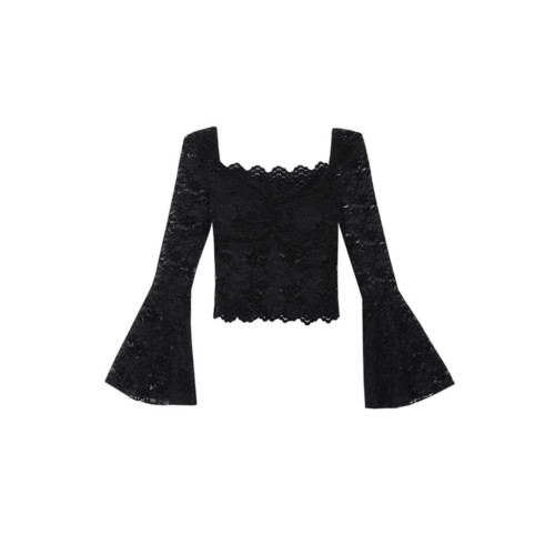 黑色露肩長袖蕾絲拼接一字肩襯衫女秋冬修身短款襯衣純欲辣妹上衣