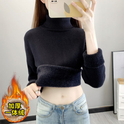 秋冬加絨毛衣女加厚一體絨內搭高領爆款套頭打底針織衫保暖上衣