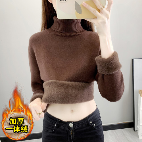 秋冬加絨毛衣女加厚一體絨內搭高領爆款套頭打底針織衫保暖上衣