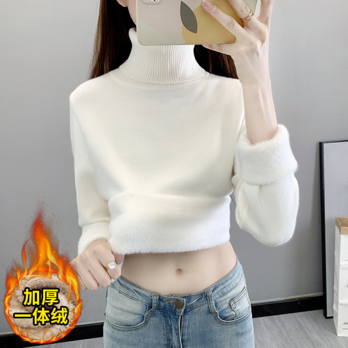 秋冬加絨毛衣女加厚一體絨內搭高領爆款套頭打底針織衫保暖上衣
