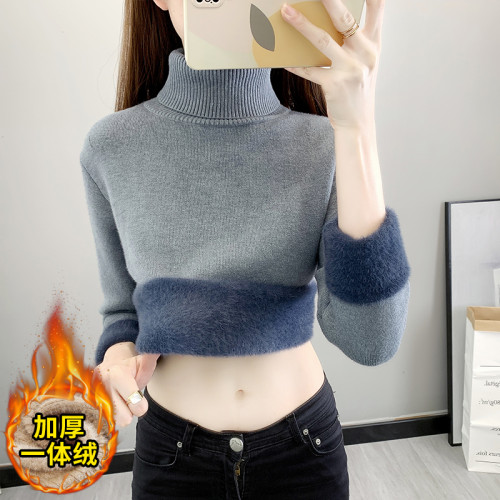秋冬加絨毛衣女加厚一體絨內搭高領爆款套頭打底針織衫保暖上衣