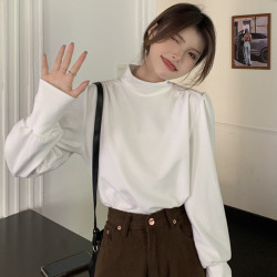 法式半高領泡泡長袖磨毛德絨打底衫女秋冬新款簡約白色曡穿上衣