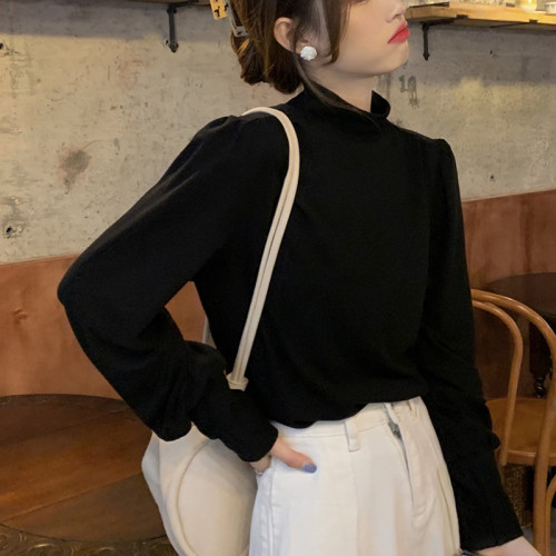 法式半高領泡泡長袖磨毛德絨打底衫女秋冬新款簡約白色曡穿上衣