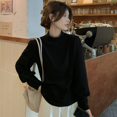 法式半高領泡泡長袖磨毛德絨打底衫女秋冬新款簡約白色曡穿上衣